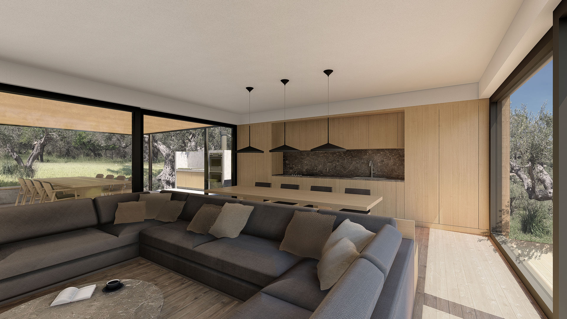 WOODEN HOUSE G|C – SICILY, ALESSIO LO BELLO ARCHITETTO a Palermo ALESSIO LO BELLO ARCHITETTO a Palermo Dapur built in Kayu Wood effect durmast kitchen, wooden table, table lamps, couch, olive tree grove, wooden house, country house