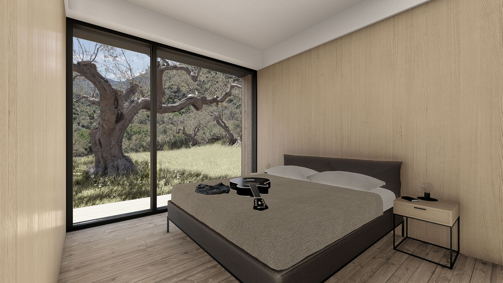WOODEN HOUSE G|C – SICILY, ALESSIO LO BELLO ARCHITETTO a Palermo ALESSIO LO BELLO ARCHITETTO a Palermo Phòng ngủ phong cách hiện đại Gỗ Wood effect king-size bedroom, glass window, room with a view, queen-size bed, double room