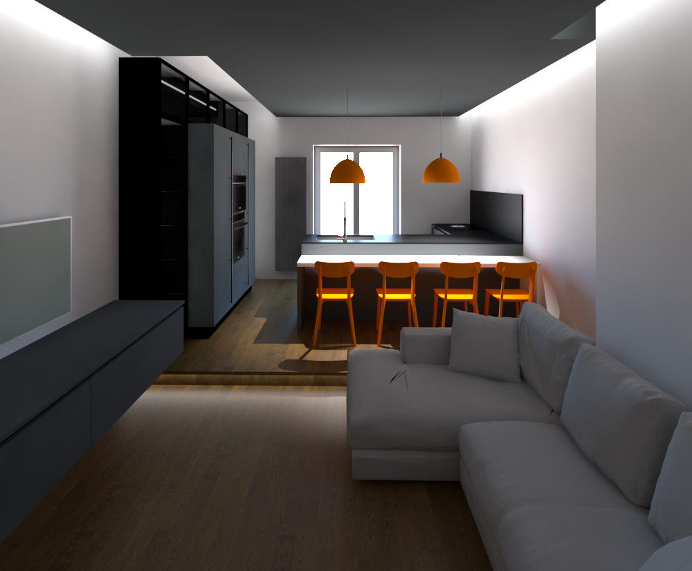 Trasformazione in open space di un appartamento con cucina e ingresso separati , G&S INTERIOR DESIGN G&S INTERIOR DESIGN 置入式廚房