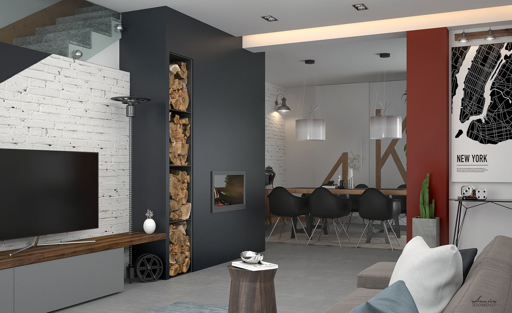 Design & Render Zona Living e Sala da Pranzo, Santoro Design Render Santoro Design Render Livings de estilo industrial