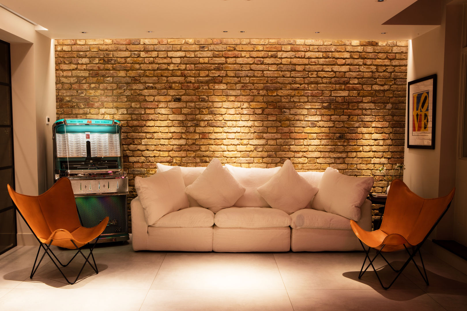 Interior Flemish bond Brick Feature Wall MB Masterbuilders Ltd. Living room Period Style Design,sunbed,Cream Sofa,Butterfly Chair,House Extension,Rear Extension