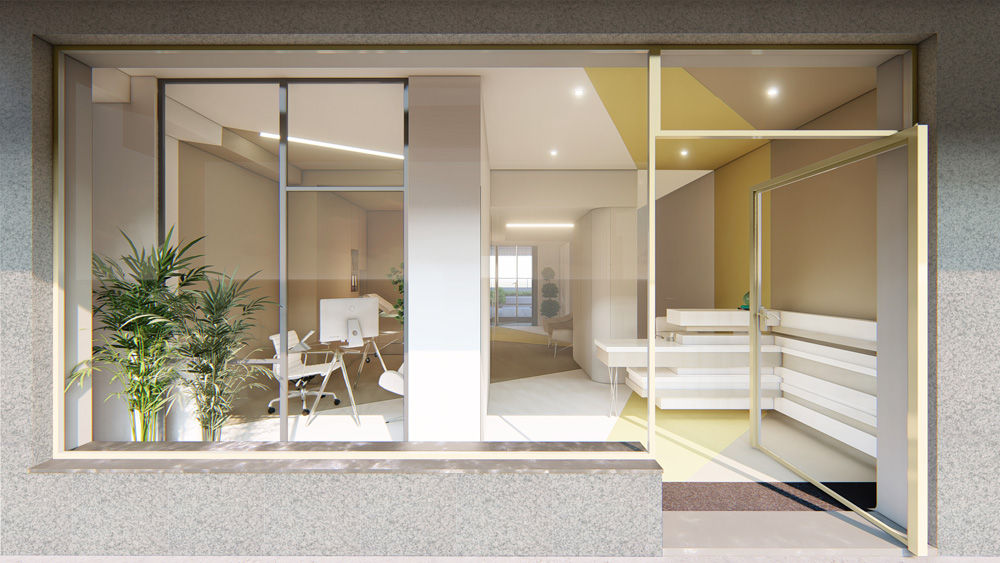 Entrada principal Jah Building Solutions arquitetura,interior,cores,formas,clinica