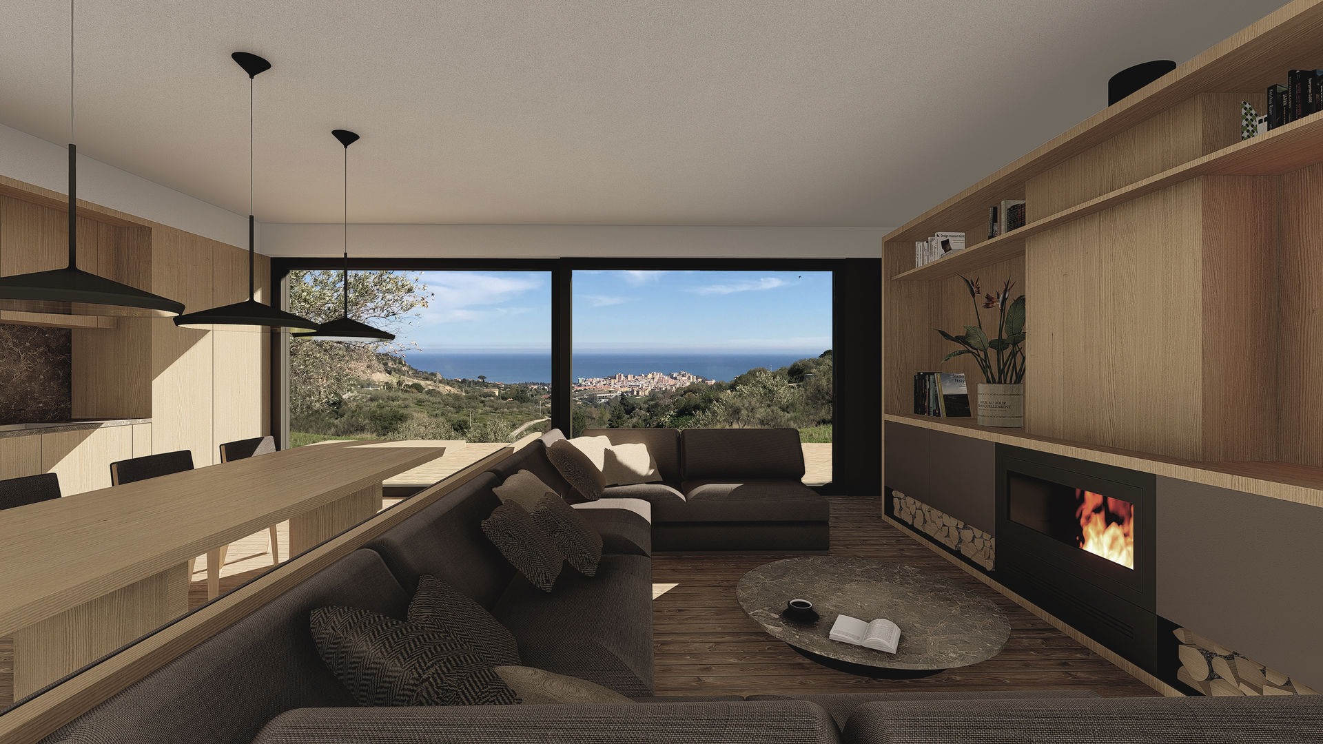 WOODEN HOUSE G|C – SICILY, ALESSIO LO BELLO ARCHITETTO a Palermo ALESSIO LO BELLO ARCHITETTO a Palermo Living room Wood Wood effect sea view, fireplace, marble table, living room, wooden house, country house, panoramic glass window