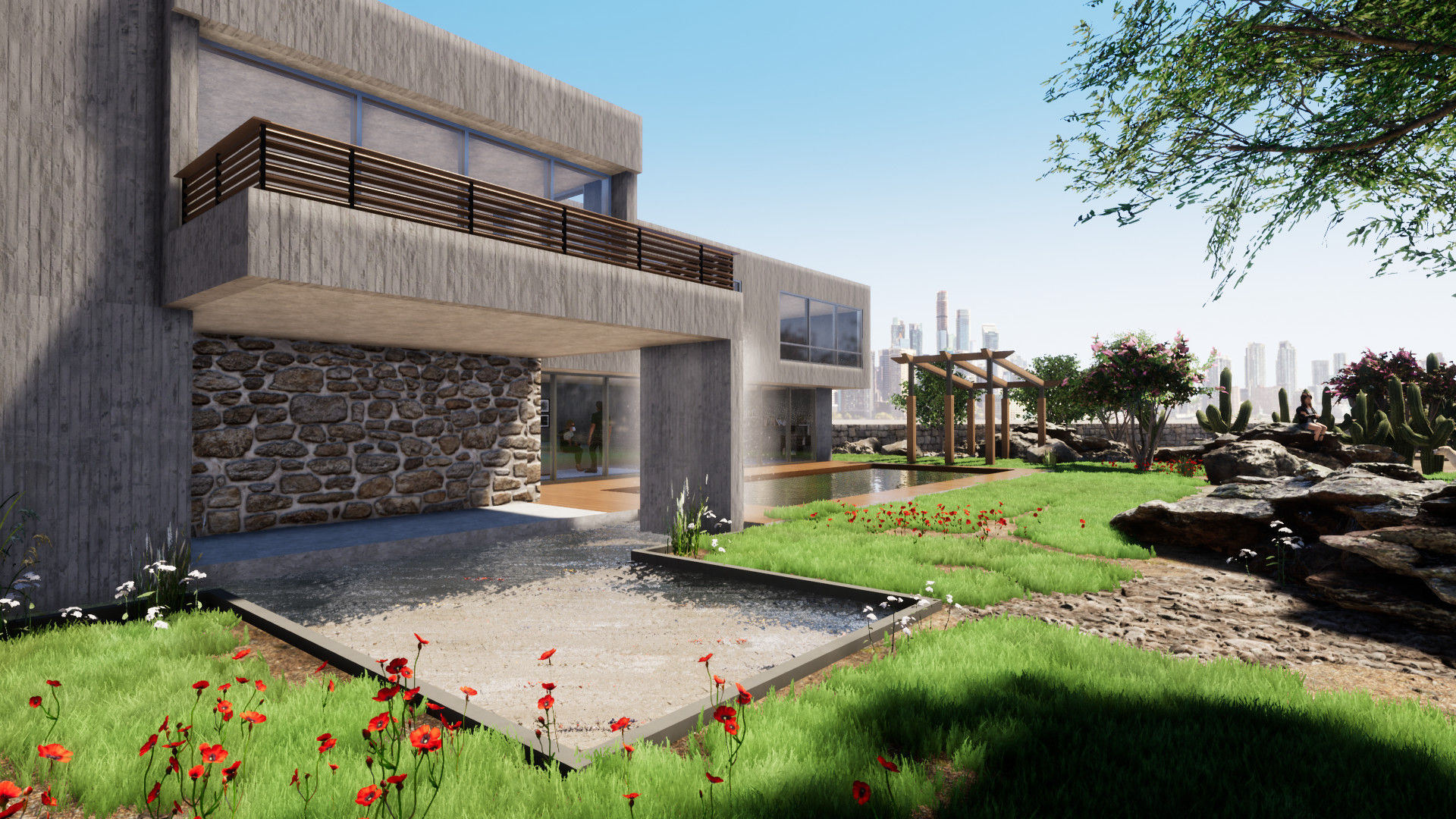 Vista exterior Fachada y detalle en piedra CR.3D Modeling & Rendering Casas estilo moderno: ideas, arquitectura e imágenes Concreto reforzado render,arquitcetura,visualizacion 3d,archviz