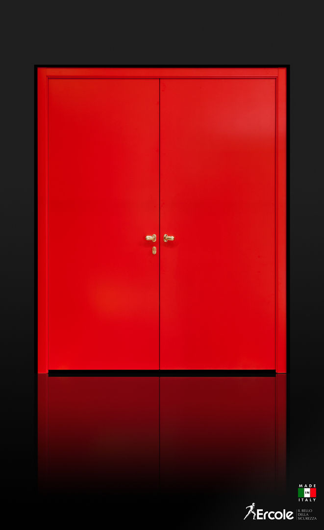 Porta a due battenti in legno, visione frontale Ercole Srl Porte d’ingresso Legno Effetto legno porta,rossa,legno,battente,ercole,ottone,personalizzata,blindata,sicurezza