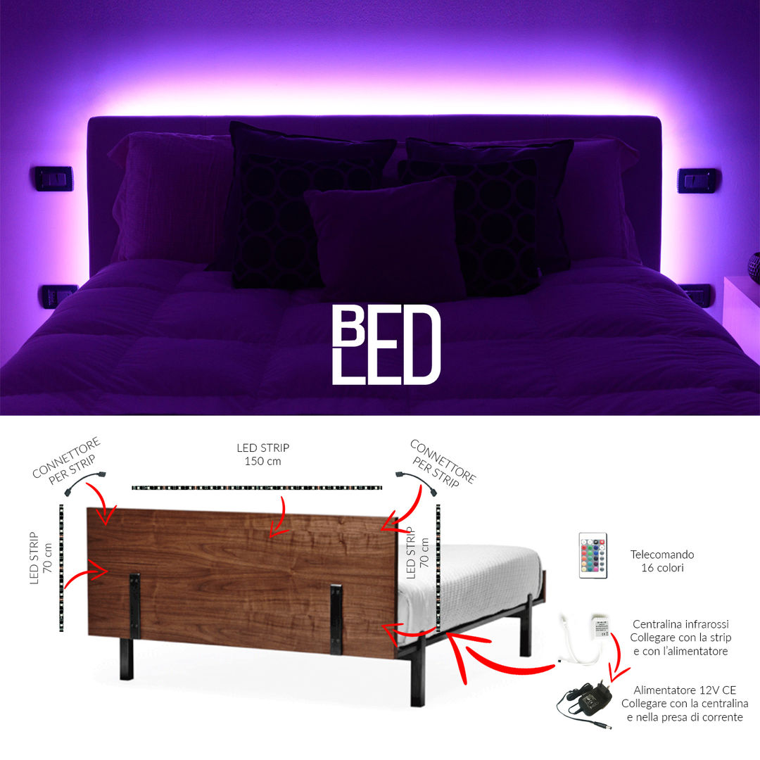 BEDLED - kit striscia led per retroilluminazione testiera del letto, Eleni Lighting Eleni Lighting Modern style bedroom Lighting