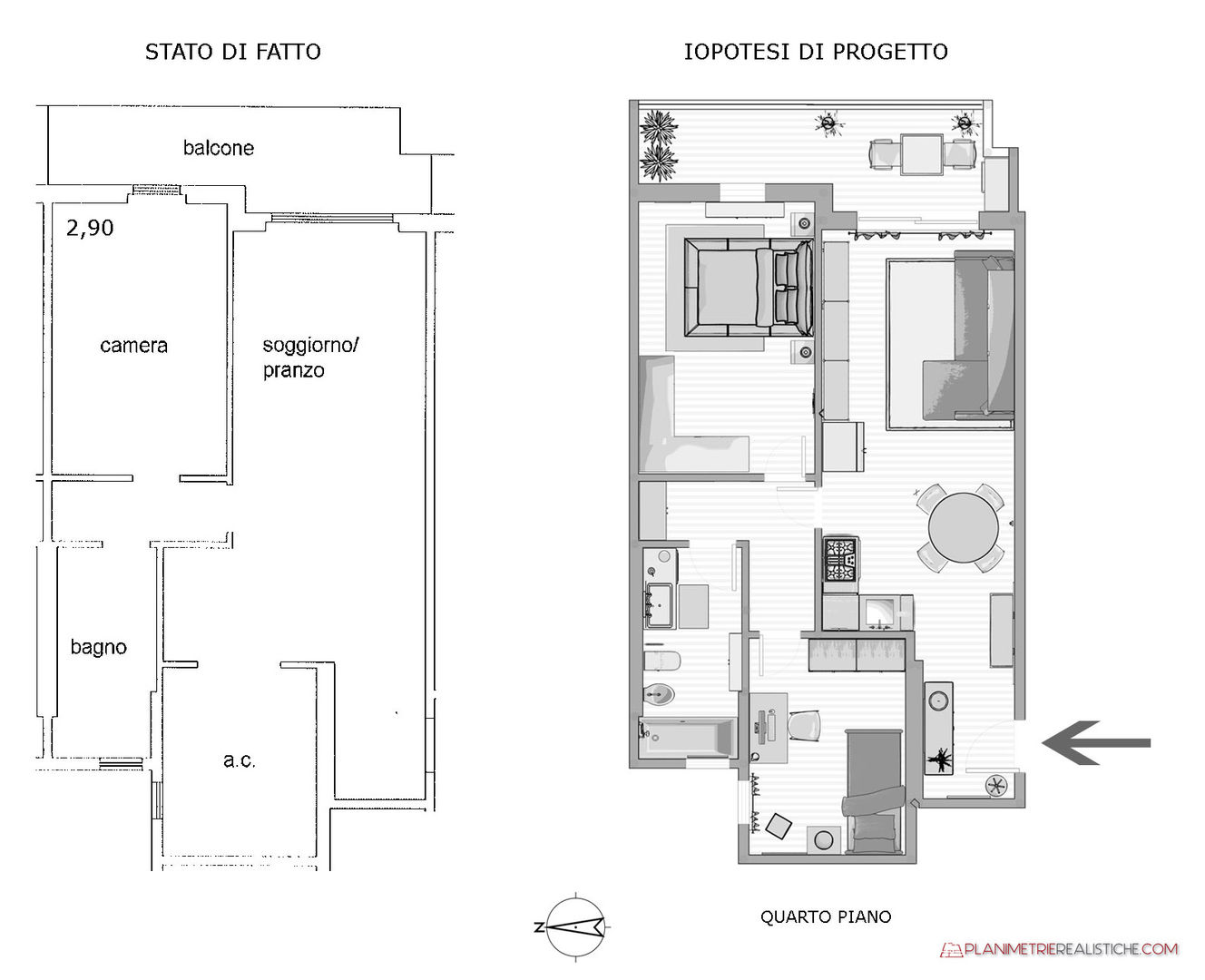 Ipotesi di progetto da bilocale e trilocale per Appartamento in Vendita, Planimetrie Realistiche Planimetrie Realistiche Small houses