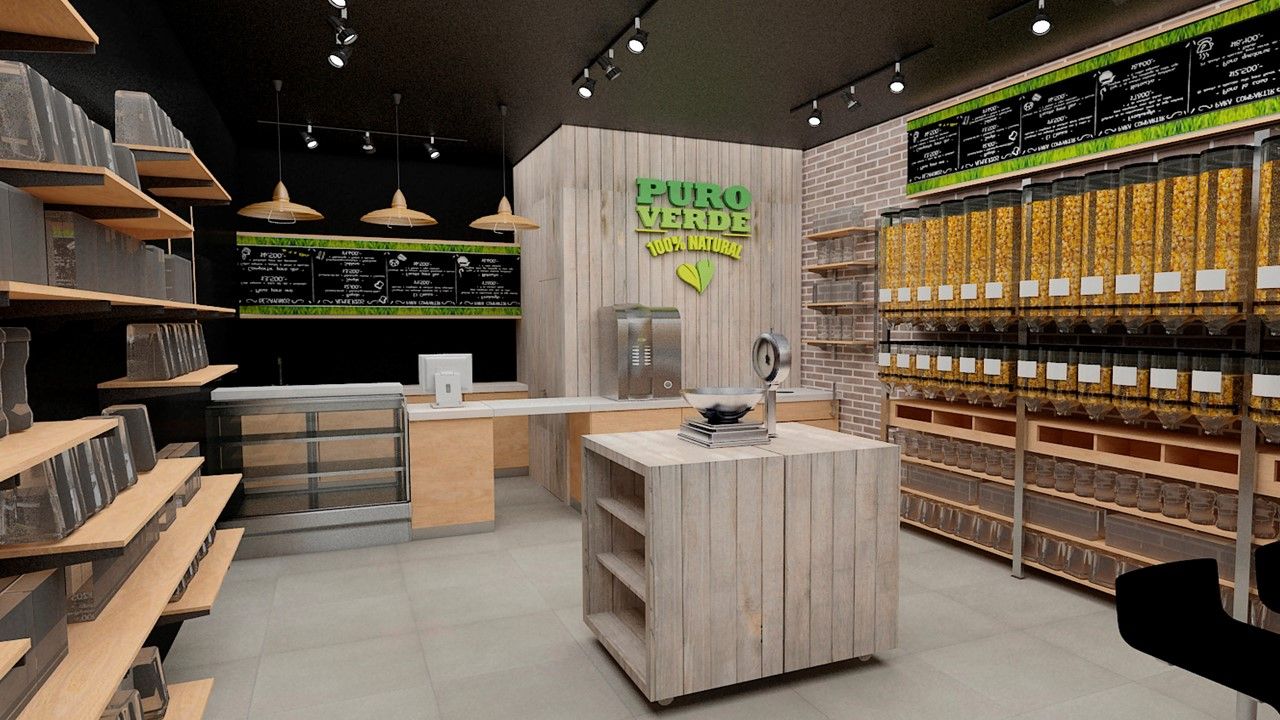 Modelo 3D para Café Vegano Puro Verde, AUTANA estudio AUTANA estudio Espaços comerciais Madeira Acabamento em madeira Lojas e espaços comerciais