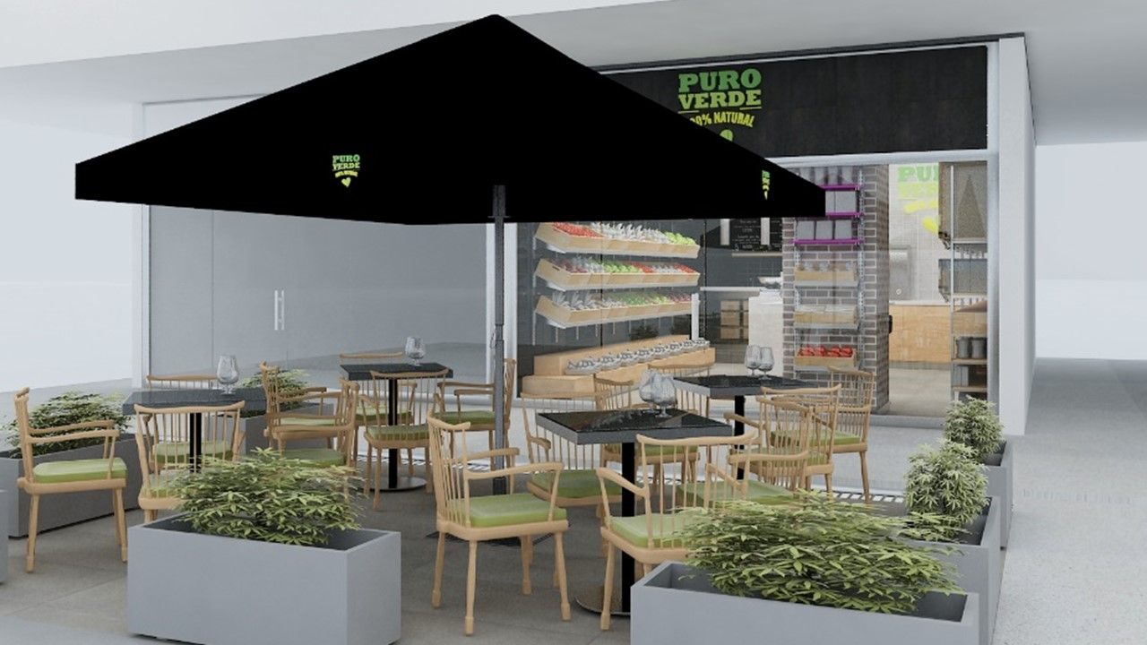 Modelo 3D para Café Vegano Puro Verde, AUTANA estudio AUTANA estudio Espaços comerciais Madeira Acabamento em madeira Lojas e espaços comerciais