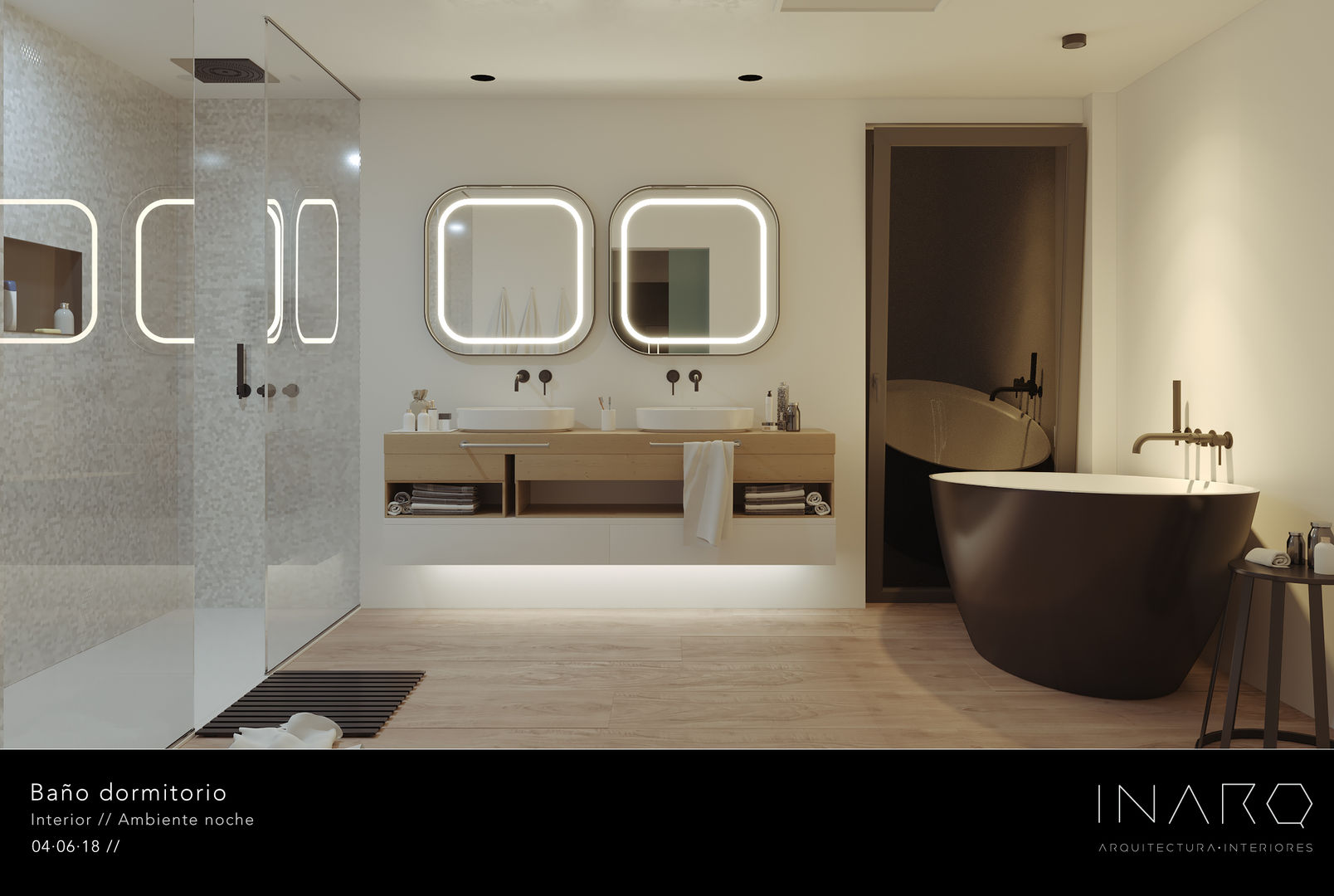 Baño en suite INARQ Espacio Baños de estilo moderno Cerámico baño,moderno,bañera,diseño,negro mate,espacio,lavabo,doble,a medida,espejo,iluminación,integrada