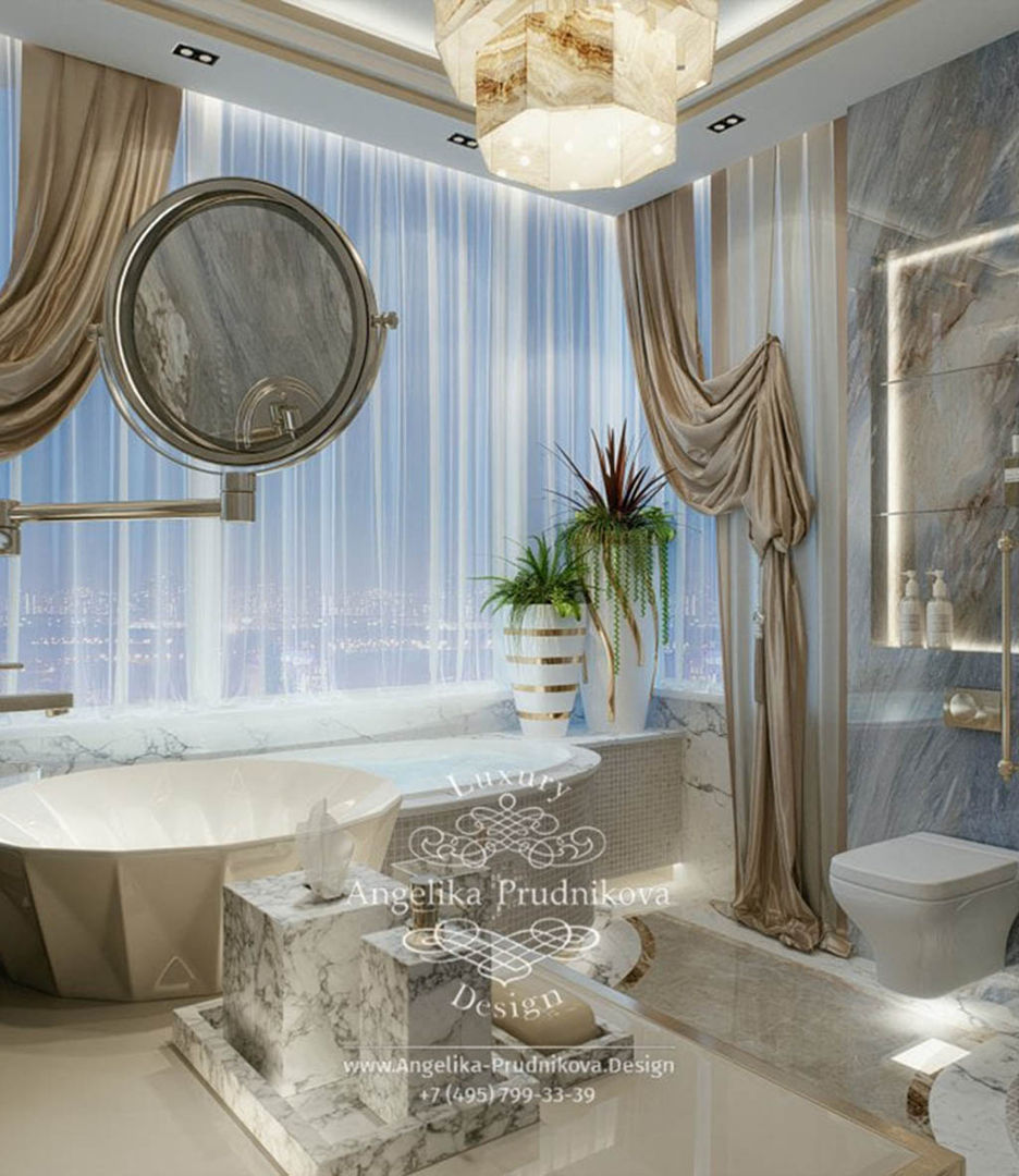 Дизайн-проект интерьера ванной комнаты с панорамным окном в ЖК Дубровская Слобода, Дизайн-студия элитных интерьеров Анжелики Прудниковой Дизайн-студия элитных интерьеров Анжелики Прудниковой Casas de banho clássicas