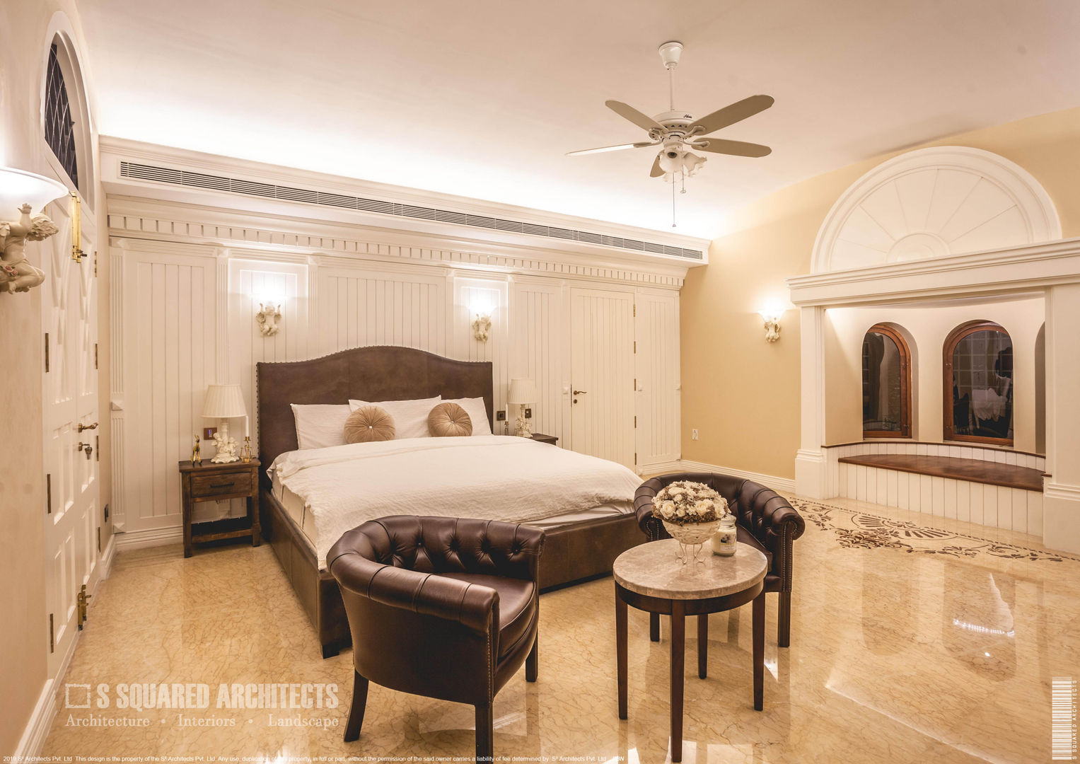 The 'Golden Hue' Residence , S Squared Architects Pvt Ltd. S Squared Architects Pvt Ltd. Colonial style bedroom Solid Wood White