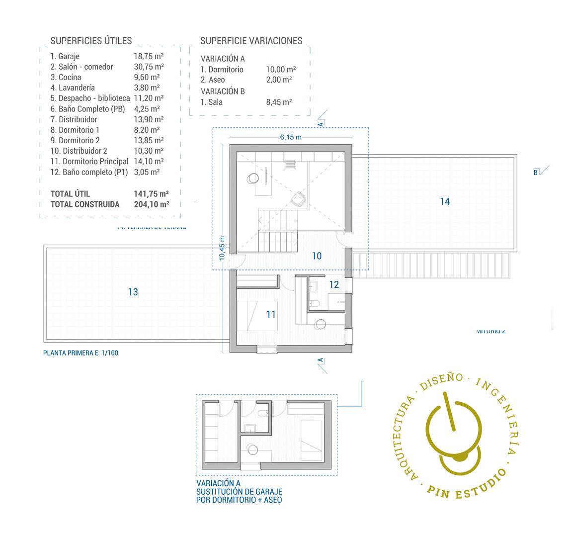 Planta primera de vivienda modular. Pin Estudio - Arquitectura y Diseño en Palencia