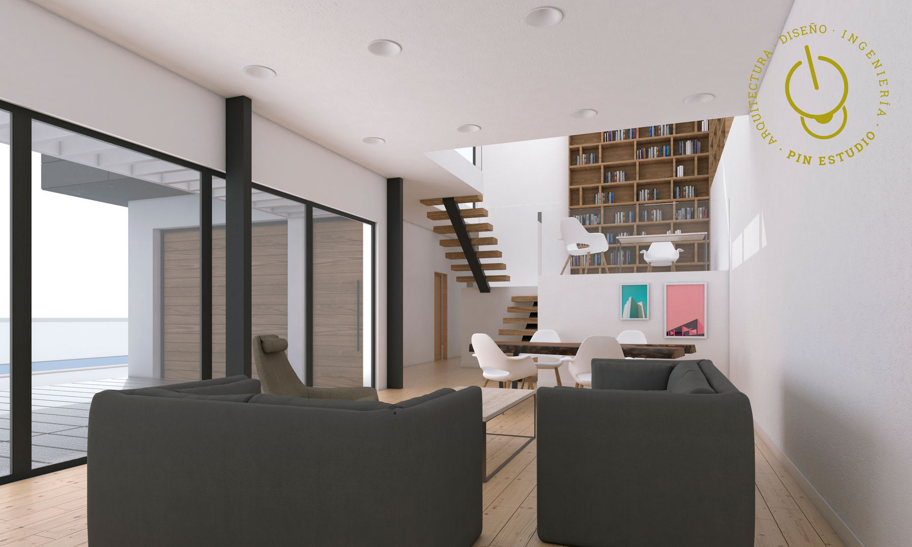 Infografía - Vista interior de la vivienda modular. Pin Estudio - Arquitectura y Diseño en Palencia Livings de estilo moderno Madera Acabado en madera