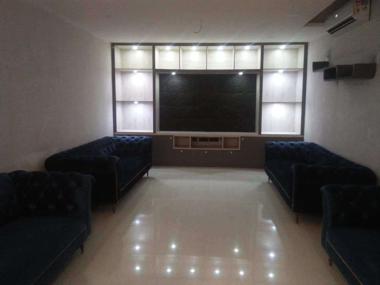 TV unit with display units for art/decor Grey-Woods Minimalist living room Wood Wood effect Lighting