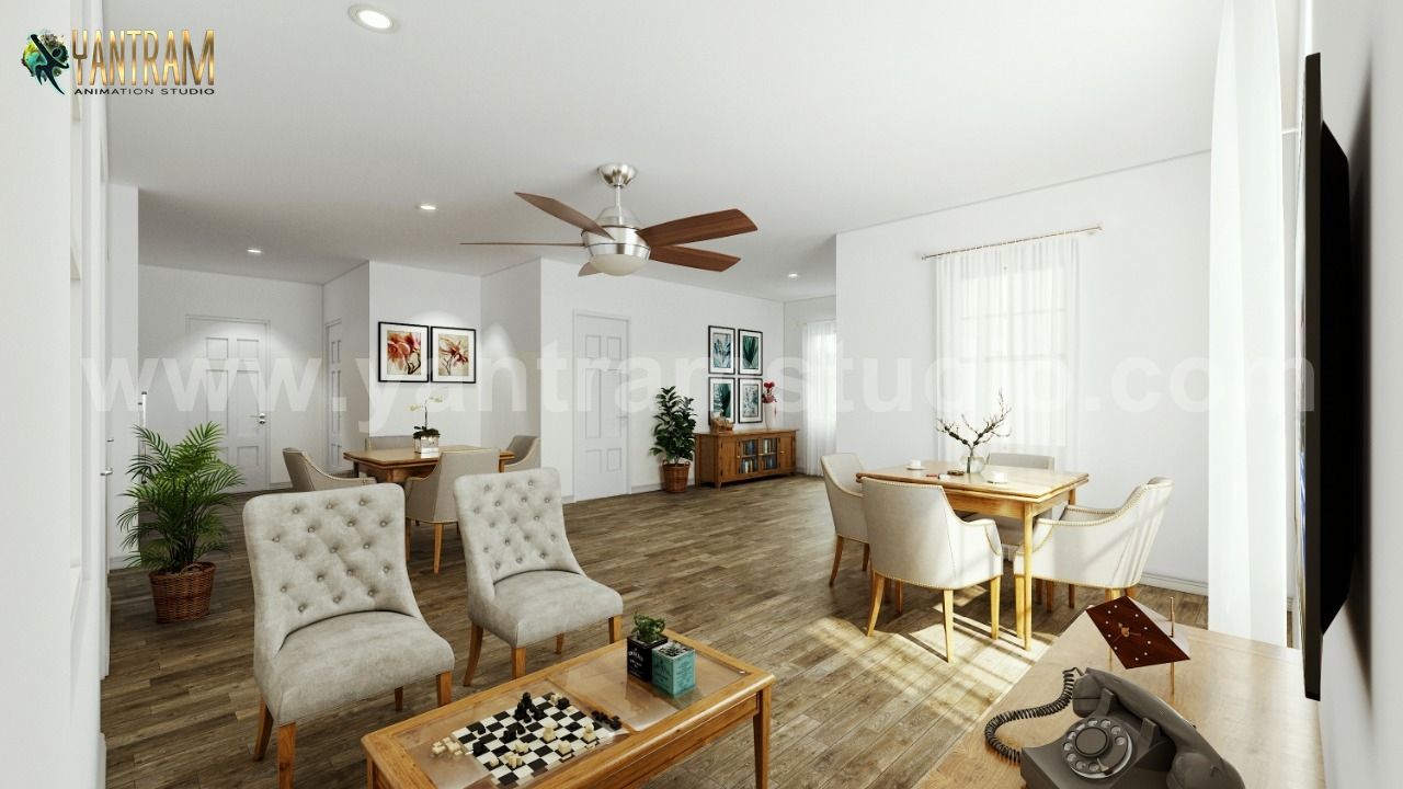 Modern Residential Living room with dining area of architectural design home plans by 3d animation studio, London – UK Yantram Animation Studio Corporation Minimalist living room living room,dining area,architectural,animation,design,studio,open,style,sofa,Modeling,firms