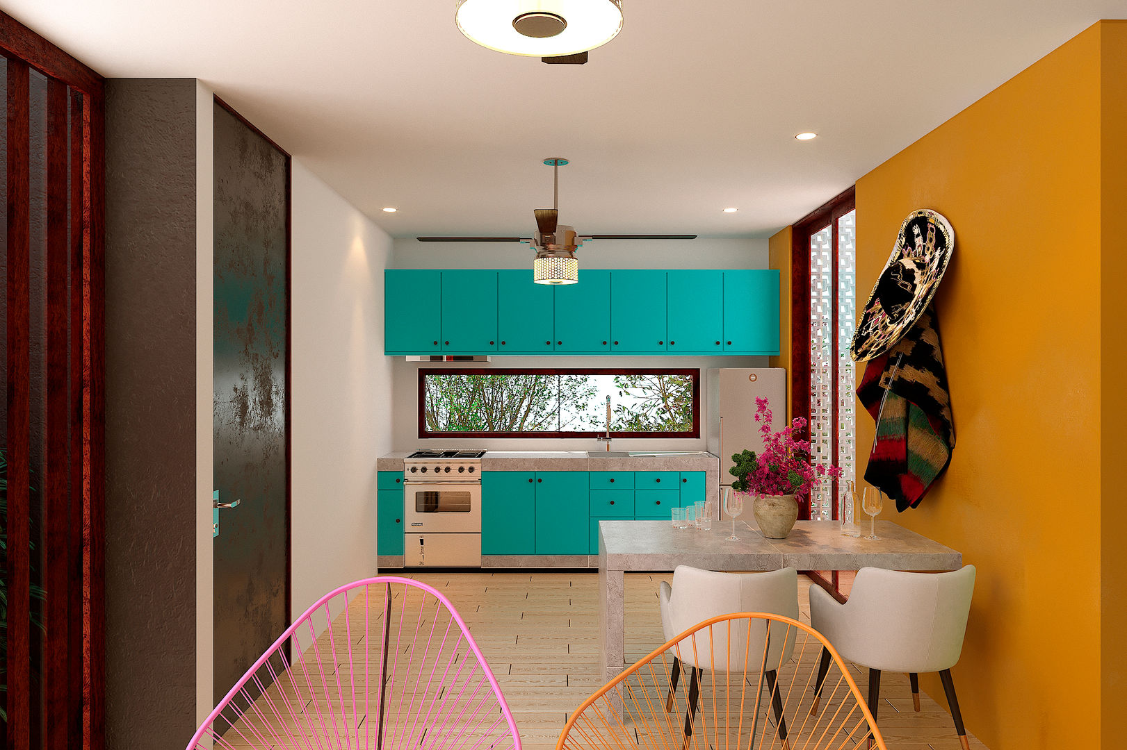 Cocina Laboratorio Mexicano de Arquitectura Cocinas pequeñas Concreto cocina,amarillo,azul,mexicana,sillas