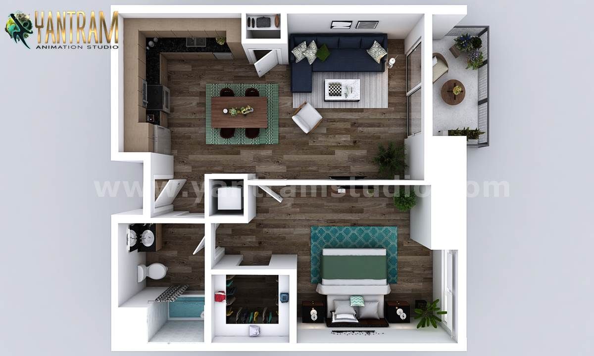 Residential Unique style One Bedroom Apartment floor plan design company by Architectural Studio, Dallas – USA Yantram Animation Studio Corporation Pisos floor plan,design,ideas,rendering,modeling,firms,architecture,floorplan decor,creator