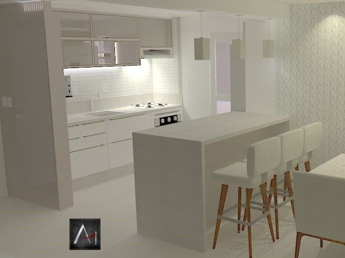 Conceito aberto - Ilha Cozinha: Convívio e Integração Anny Maciel Interiores - Casa Cor de Riso Cozinhas minimalistas conceito aberto,ambiente integrado,cozinha clean,deco essencial,minimalismo