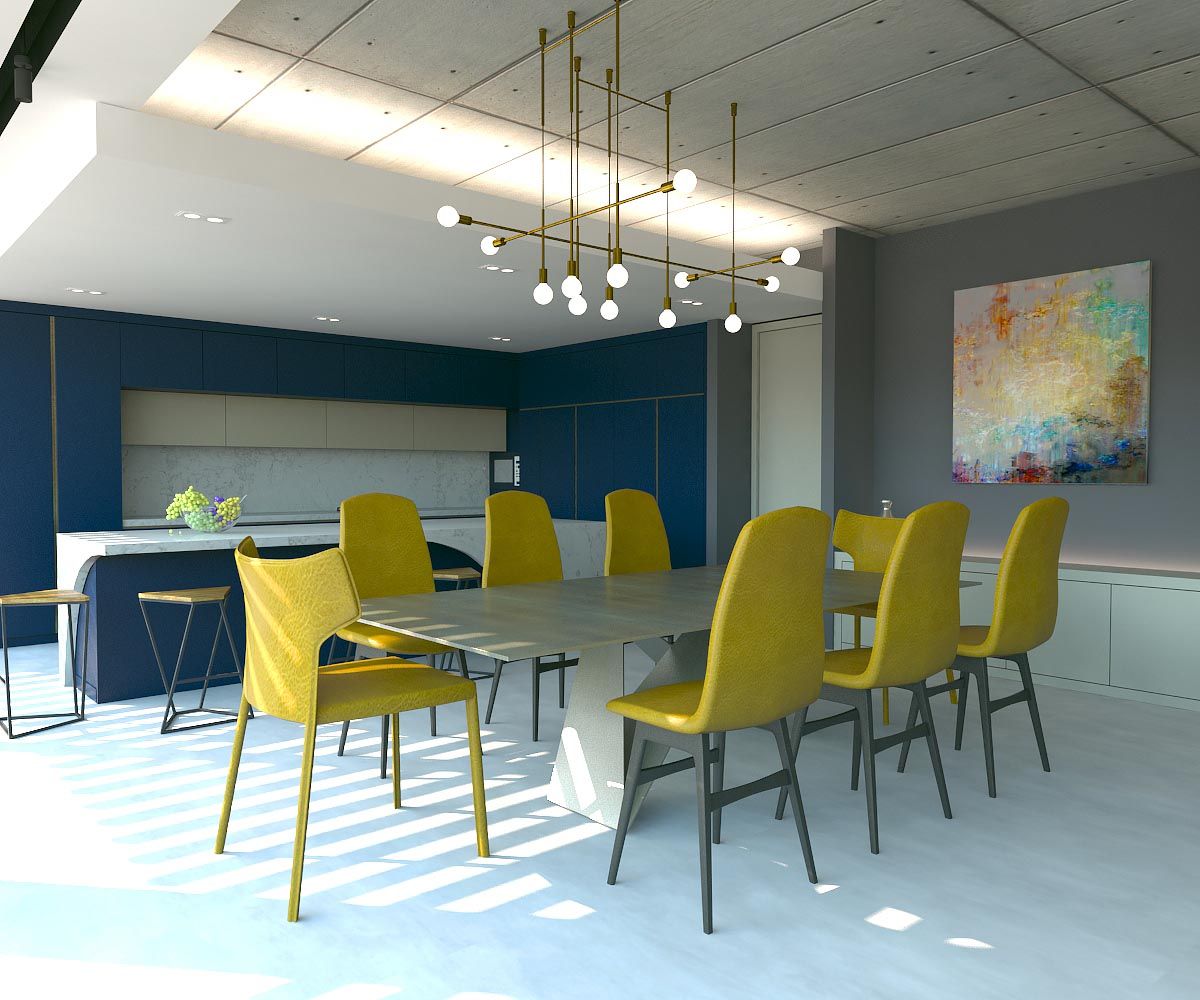 Yemek Masası Kalya İç Mimarlık \ Kalya Interıor Desıgn Modern Yemek Odası Metal yemek masası,hardal sarısı,modern aydınlatma,bronz metal