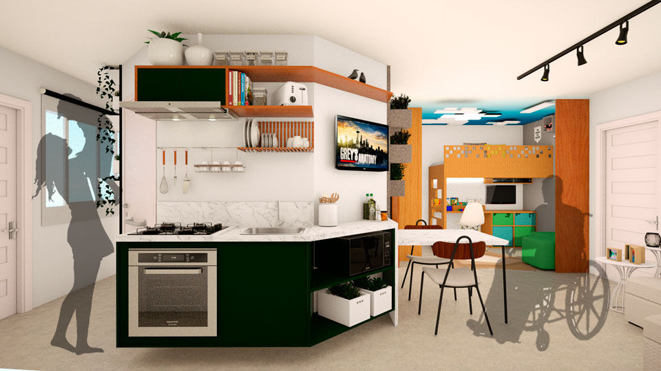 Cozinha integrada homify Cozinhas pequenas cozinha,cozinha planejada,cozinha pequena,integração,arquitetura,design de interiores,projeto,marilu oliv