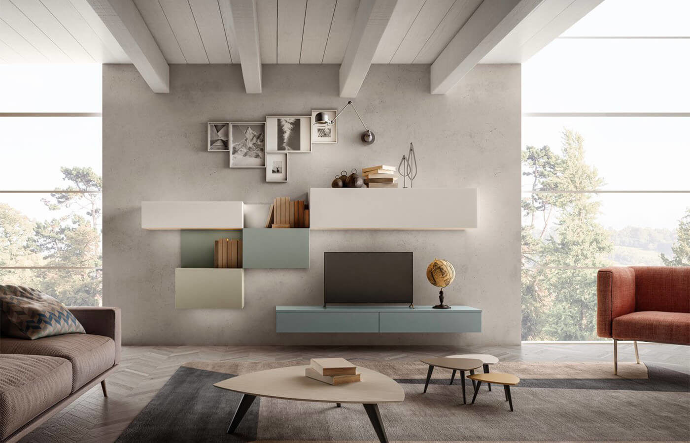 Parete soggiorno a bussolotti L&M design di Cinzia Marelli Sala da pranzo moderna living,progettazione monza,parete soggiorno,parete sospesa