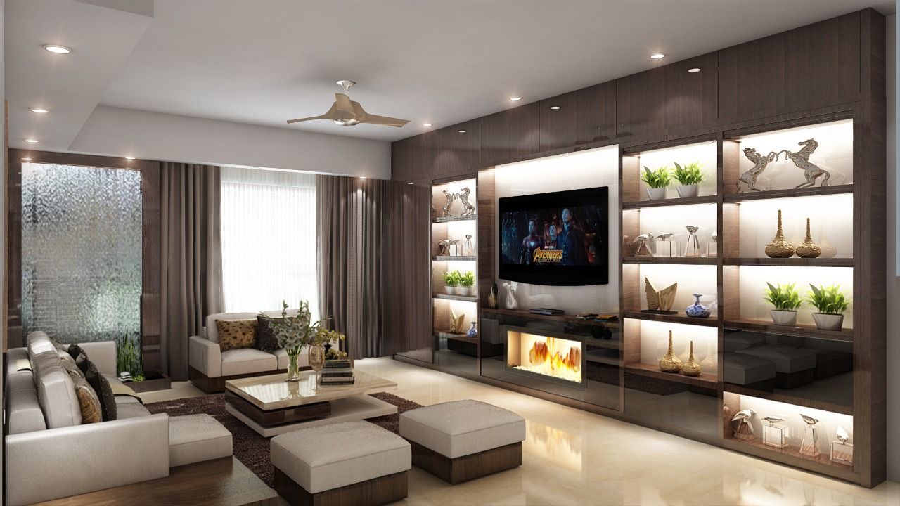 Living Room with Wall TV Unit Square Arc Interior Modern living room Plywood TV stands & cabinets