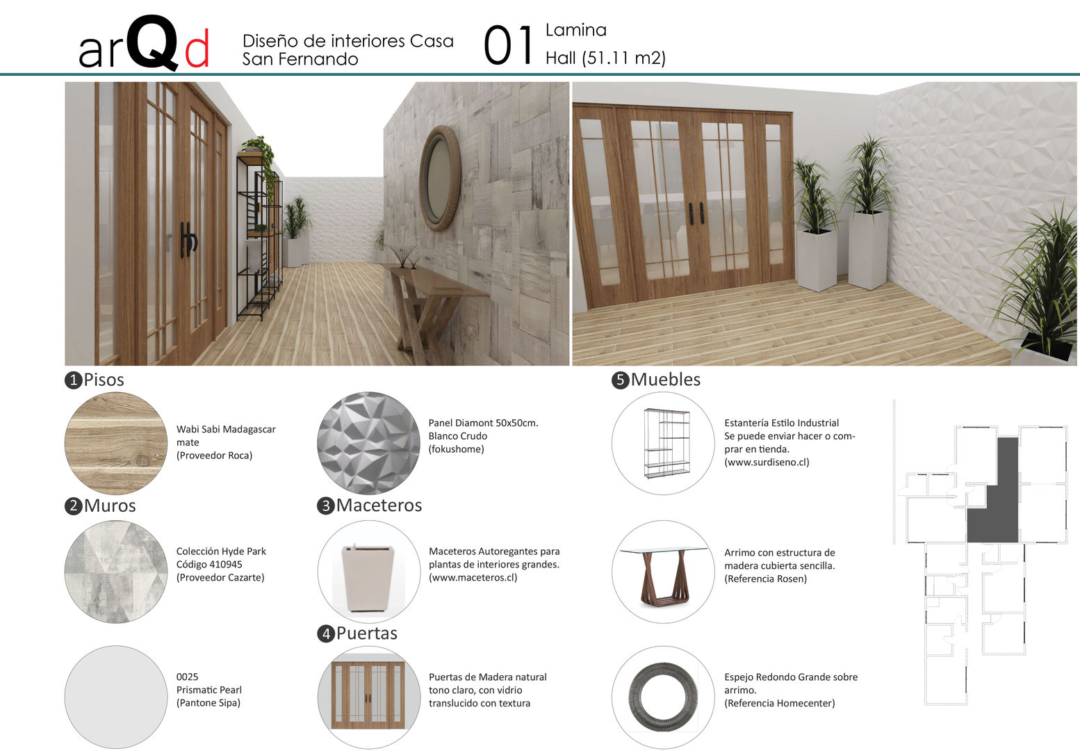 Diseño Interior Casa, ARQD spa ARQD spa Scandinavian style corridor, hallway& stairs Wood Wood effect