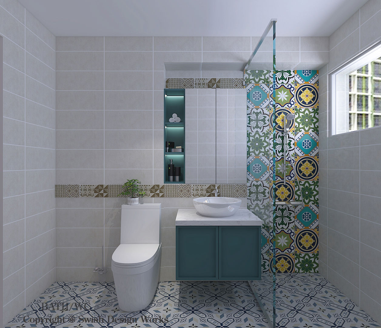 Bathroom Swish Design Works Modern bathroom bathroom,toilet,shower screen,patterns,tiles,mosaic,quirky,colourful,turquoise