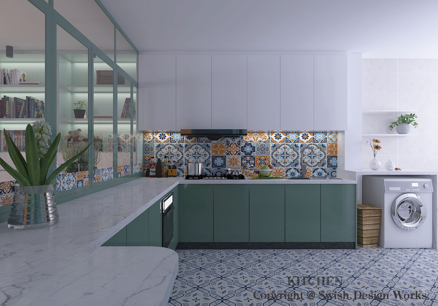 Kitchen Swish Design Works Modern kitchen Plywood kitchen,cabinets,mosaic,tiles,patterns,white,turquoise,backsplash,colourful,covelight