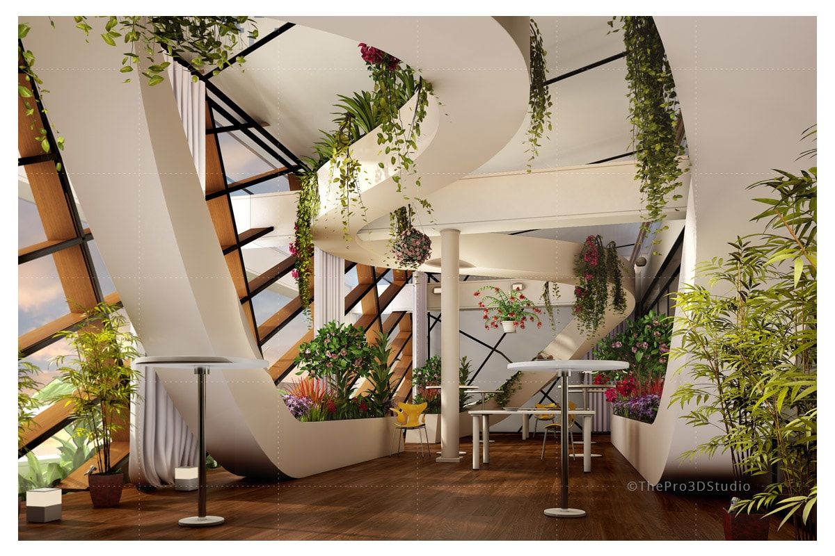 House interior rendering ThePro3DStudio Modern corridor, hallway & stairs Plant,Flower,Building,Interior design,Lighting,Fixture,Wood,Ceiling,Facade,Terrestrial plant