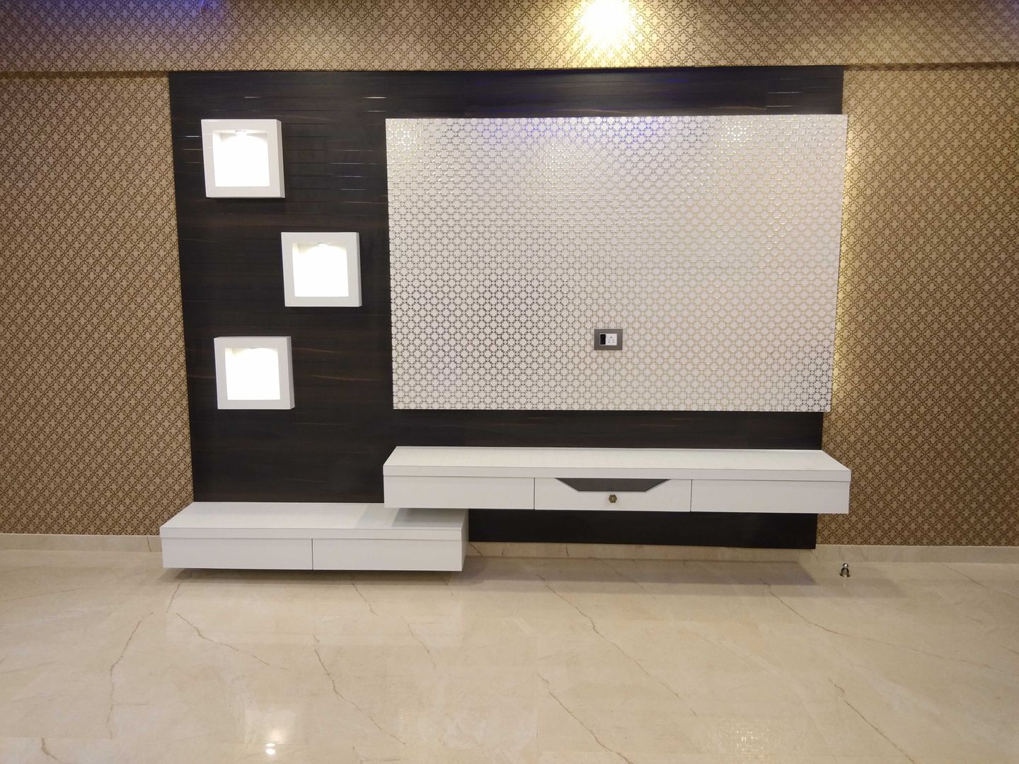 TV Unit with wallpaper in background VR Interior Designerss Asian style living room Plywood TV Unit