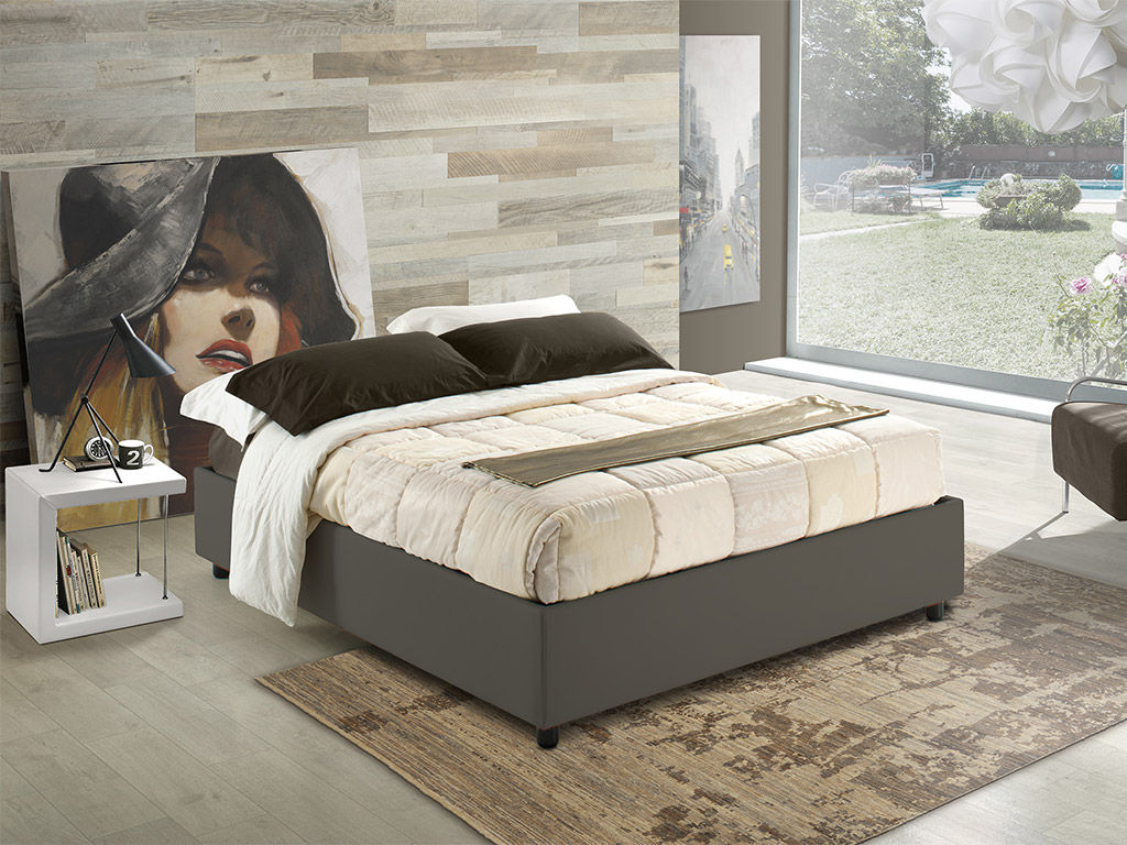 Sommier upholstered double bed INFABBRICA ห้องนอน หนัง Grey เตียงนอนและหัวเตียง