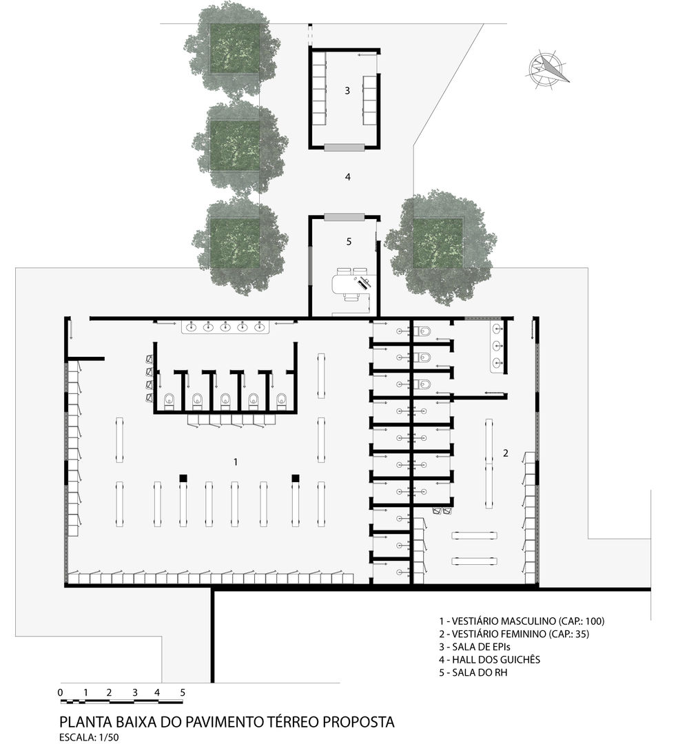 Planta baixa humanizada dos vestiários masculino e feminino propostos homify Banheiros modernos arquitetura de edificações, arquitetura de interiores, indústria, industrial, construção, reforma, epi, feminino, masculino, curtume