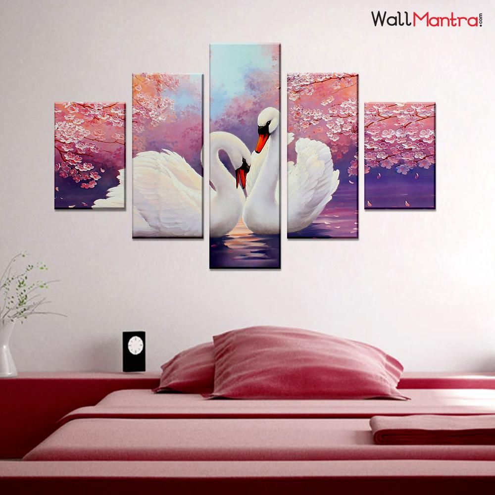 ROMANTIC COUPLE OF SWANS 5 PIECES CANVAS PRINT WALL PAINTING WallMantra Other spaces Pictures & paintings