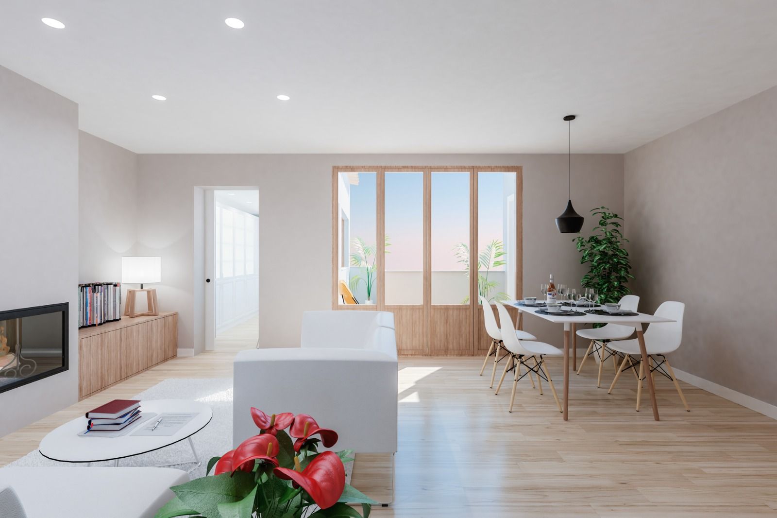 Reforma de moderno ático. Salón-comedor FOCUS Arquitectura Salones de estilo moderno Madera Acabado en madera espacio fluido, luminoso, madera, chimenea, balcón, exterior