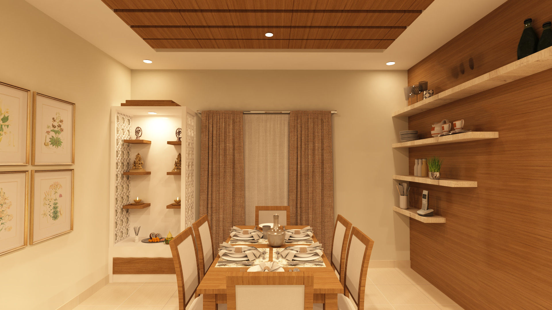 Dining room with Pooja Unit SD Interiors & Modulars Asian style dining room Pooja, Dining, white, wooden