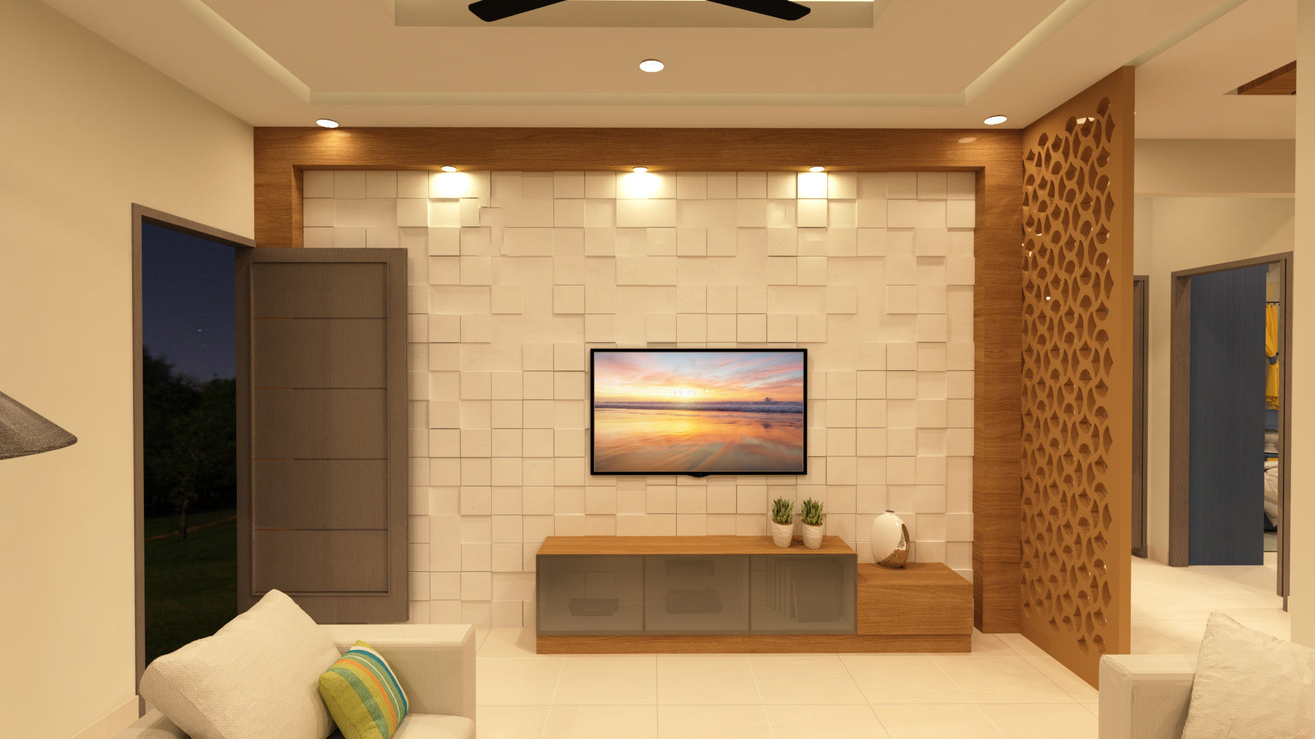 TV unit SD Interiors & Modulars Asian style living room TV Wall Unit,container house, PVC, Panel