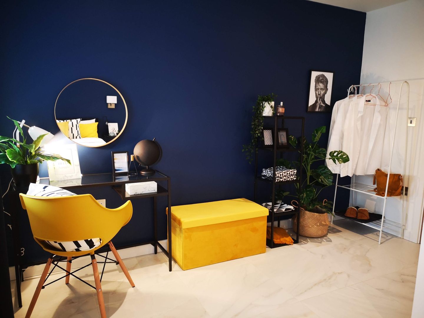 Dressing space THE FRESH INTERIOR COMPANY Modern dressing room Dulux sapphire salute mustard accessories Ikea curtains marble tiled floor Ottoman mustard