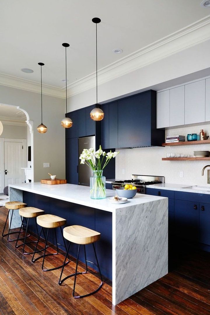 Blue and white Contemporary Kitchen Rebel Designs Small kitchens سنگ مرمر