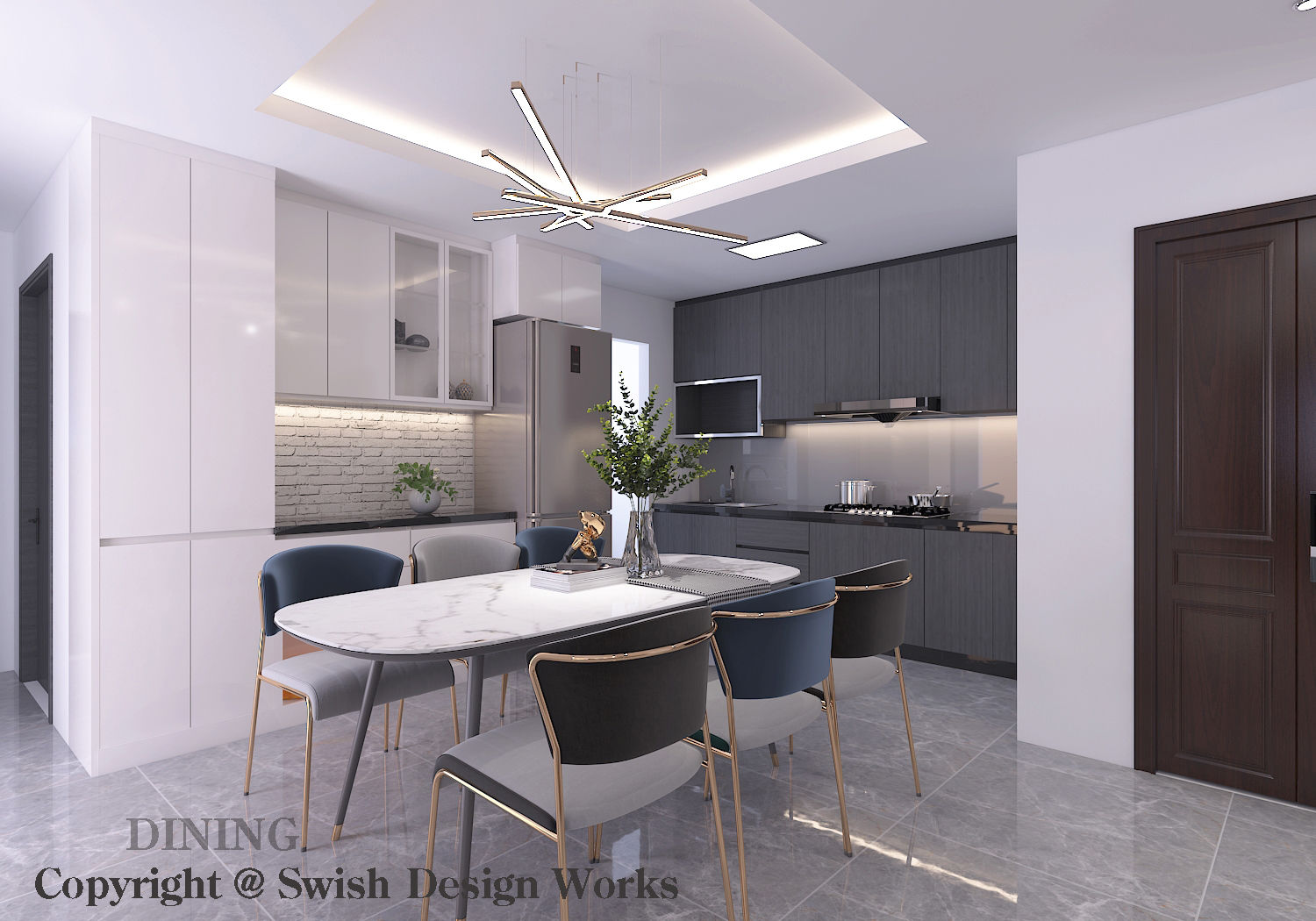 Dining Area and Kitchen Swish Design Works Modern kitchen Plywood