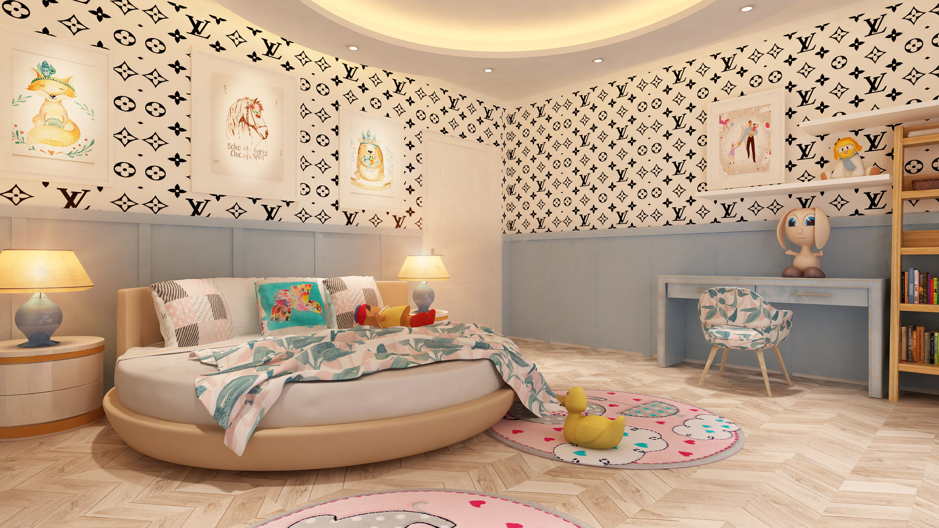 young Girls Room HC Designs Modern style bedroom MDF Baby girl , young , teen room , Pastel colors , small kids hut , Round bed ,Bedside tables