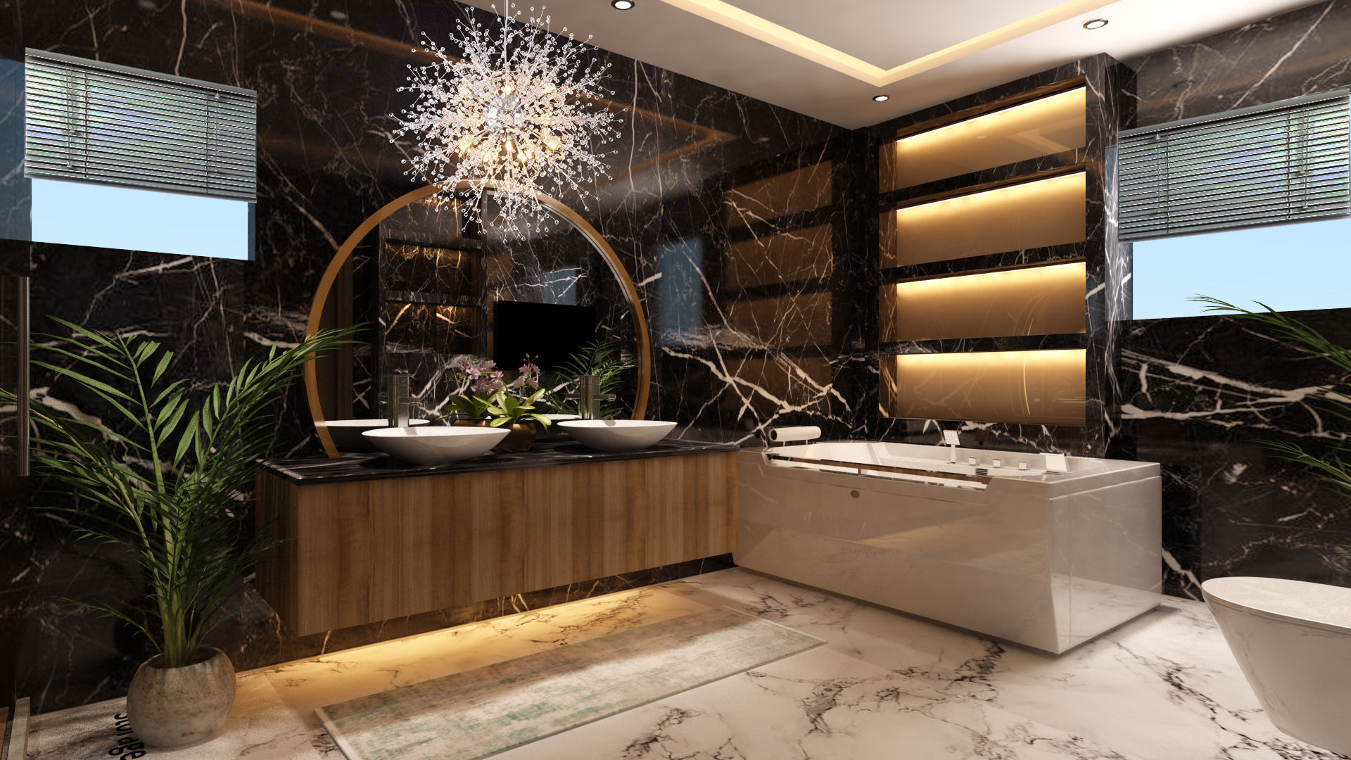 Black & White bathroom HC Designs Modern bathroom Granite Luxury bathroom , black marble in bathroom , Luxury bathroom, Black marble, TV in bathroom, ,Bathtubs & showers