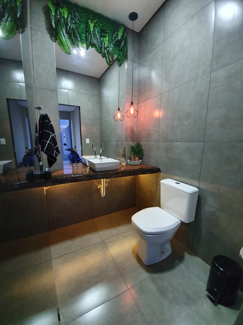 Lavabo Monteiro arquitetura e interiores Banheiros modernos lavabo bancada madeira