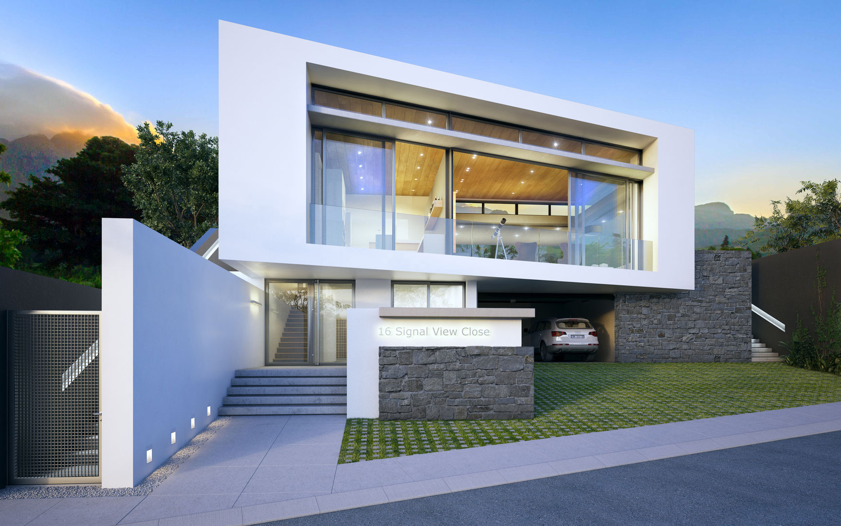 Street facade. Parking and main entrance to the house is at street level with the main living spaces elevated one storey up to provide security while being able to open up towards magnificent views towards the atlantic ocean Green Evolution Architecture Single family home Concrete modern architecture