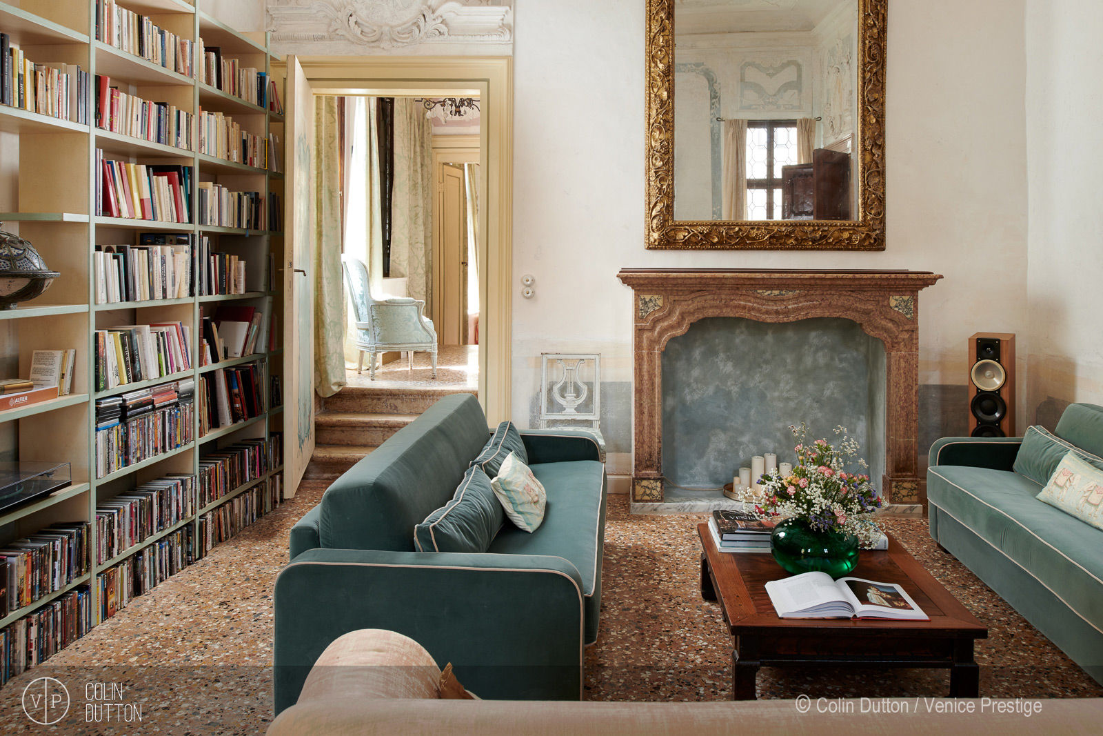 . Colin Dutton Living room Living room, venetian, historical, classic, period furniture, divan, green, sofa, cushions, fireplace, mirror
