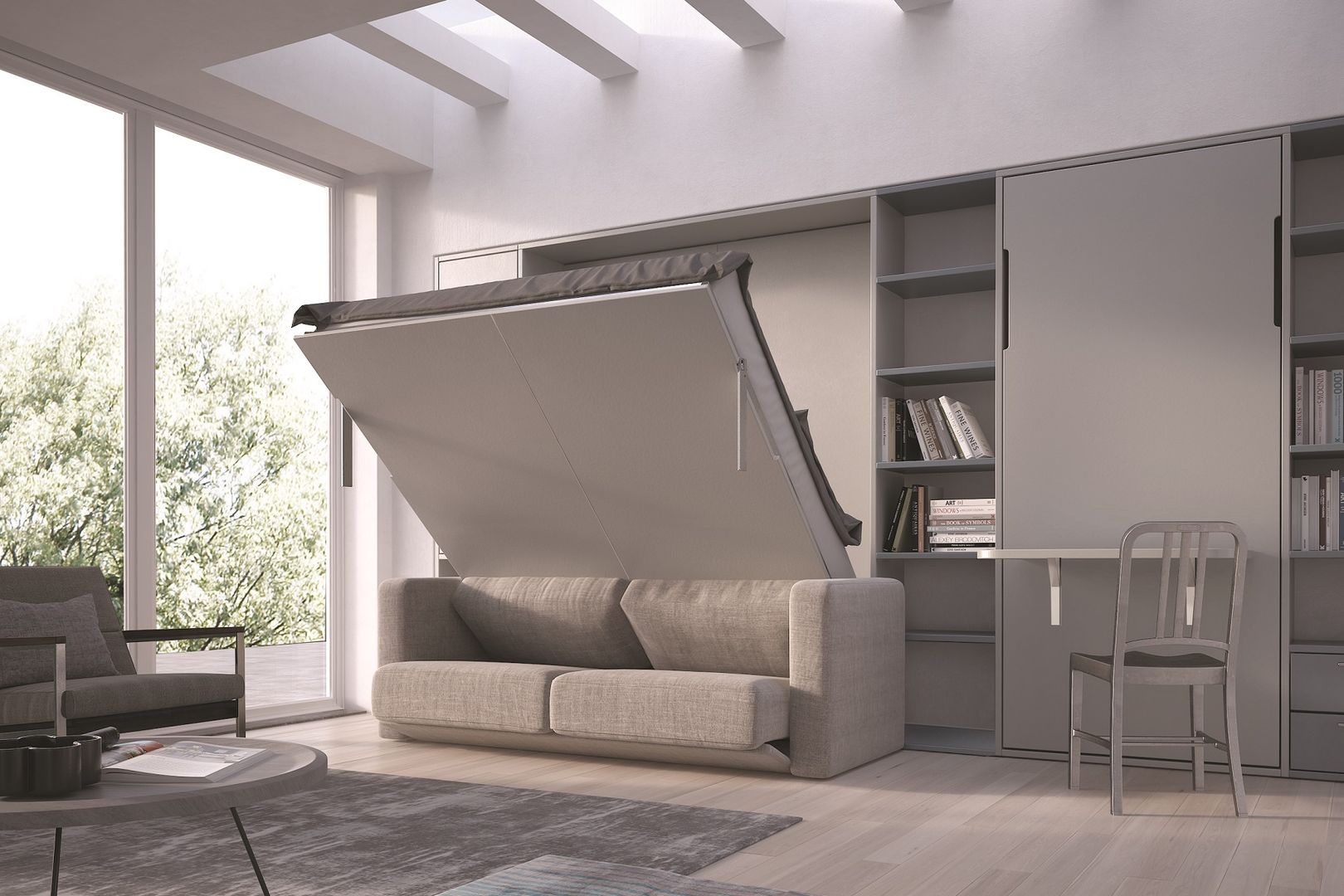 BASIC: letto abbattibile verticale con e senza divano , SPINELLI di Drs Industria Mobili Srl SPINELLI di Drs Industria Mobili Srl Modern living room Engineered Wood Transparent Shelves