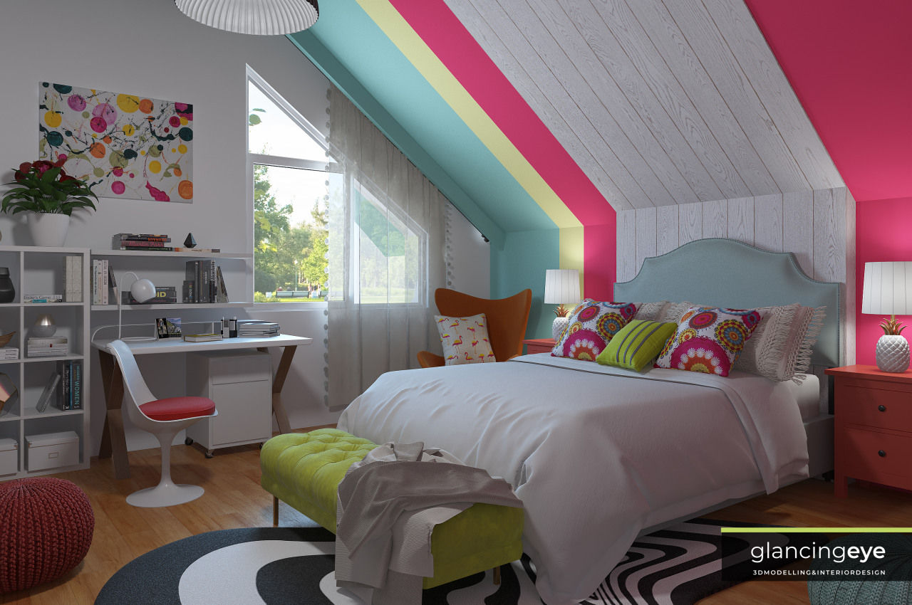 Dormitorio Pop Art – ecléctico Glancing EYE - Modelado y diseño 3D Recámaras pequeñas