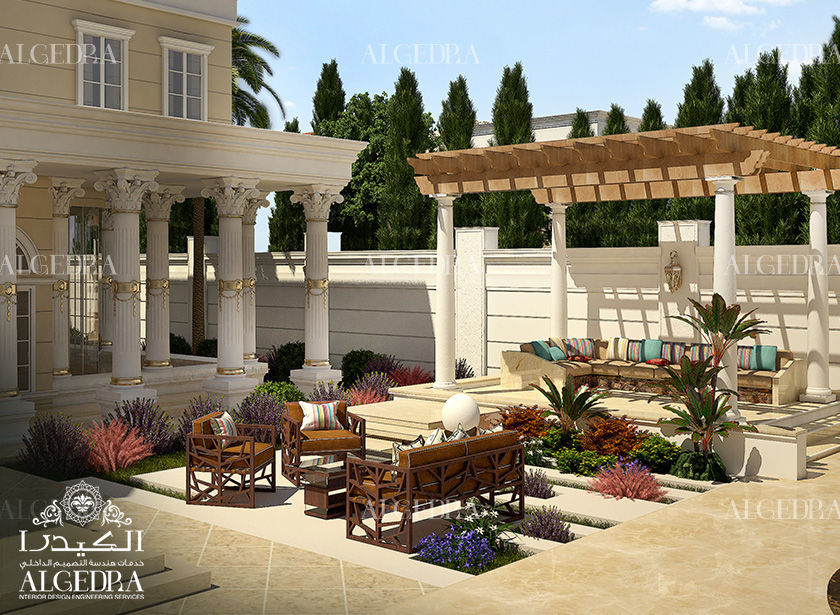 Backyard patio in luxury villa Algedra Interior Design Colonial style balcony, veranda & terrace