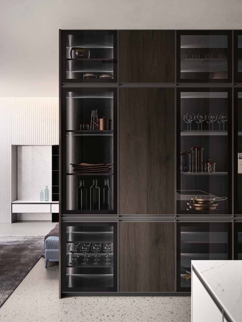 Zona giorno, cucina e living moderno con ante a telaio in alluminio titanio, Meka Arredamenti Meka Arredamenti Built-in kitchens